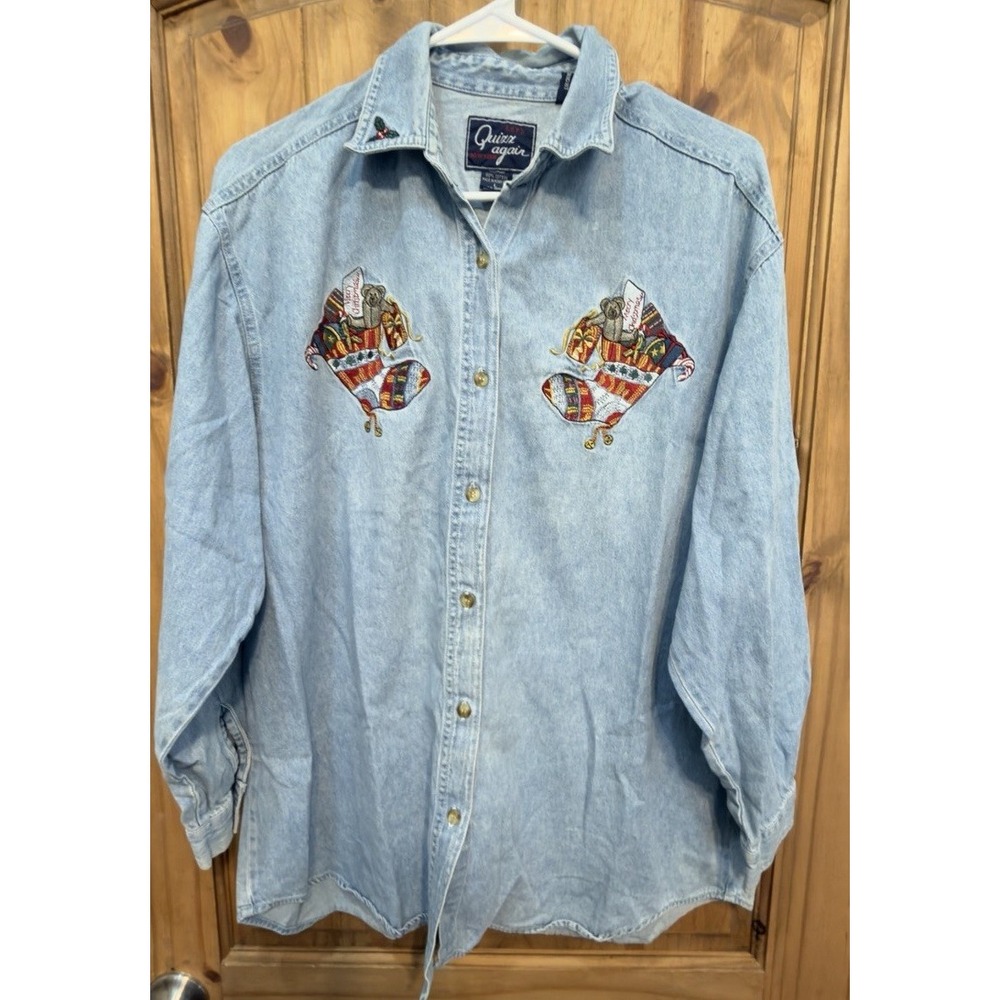Vintage 90s Let's Quizz Again Christmas Denim Shirt L Embroidered Stocking Bear